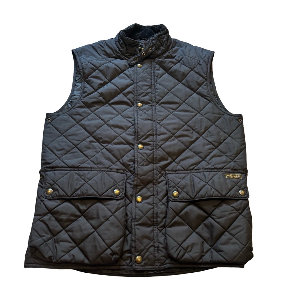 Polo Ralph Lauren Mens Black‎ Diamond Quilted Vest Corduroy Collar Medium